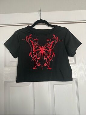 Black Crop Tee with Red Butterfly Graphic
